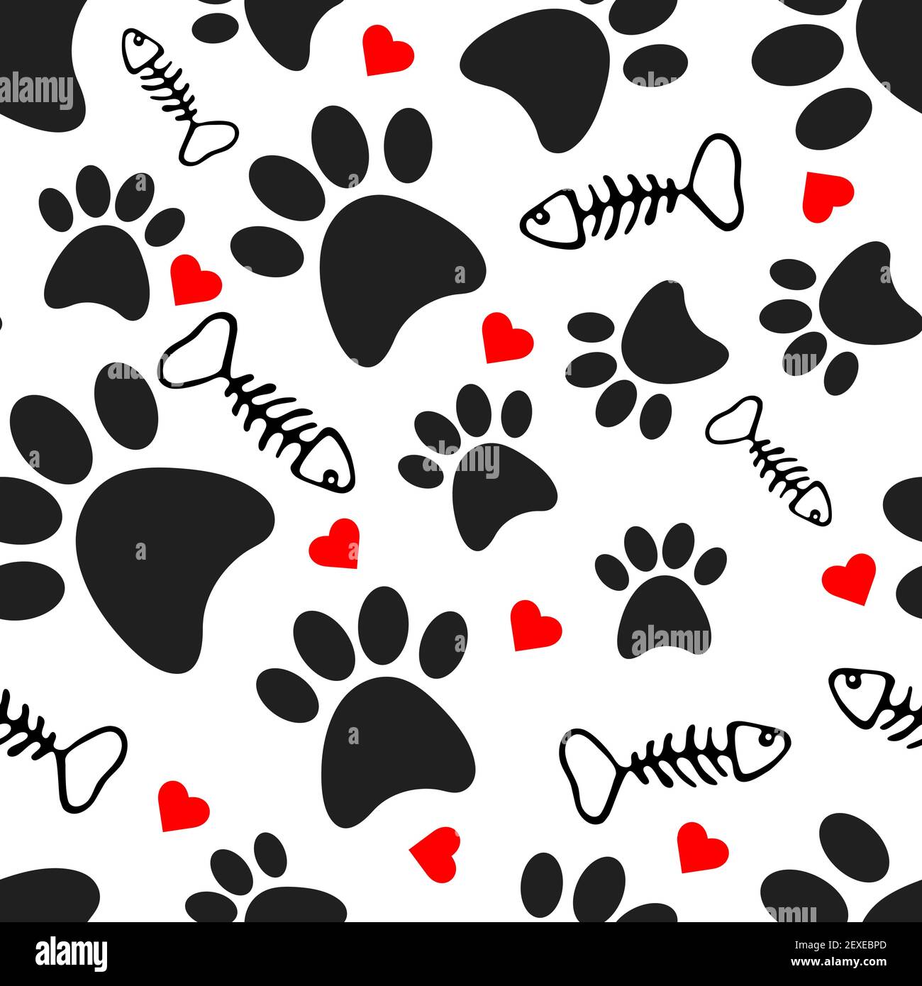 Motif sans couture avec pattes noires pour chiens, coeurs et squelettes d'os de poisson sur fond blanc. Illustration de dessin animé à plan vectoriel. Illustration de Vecteur