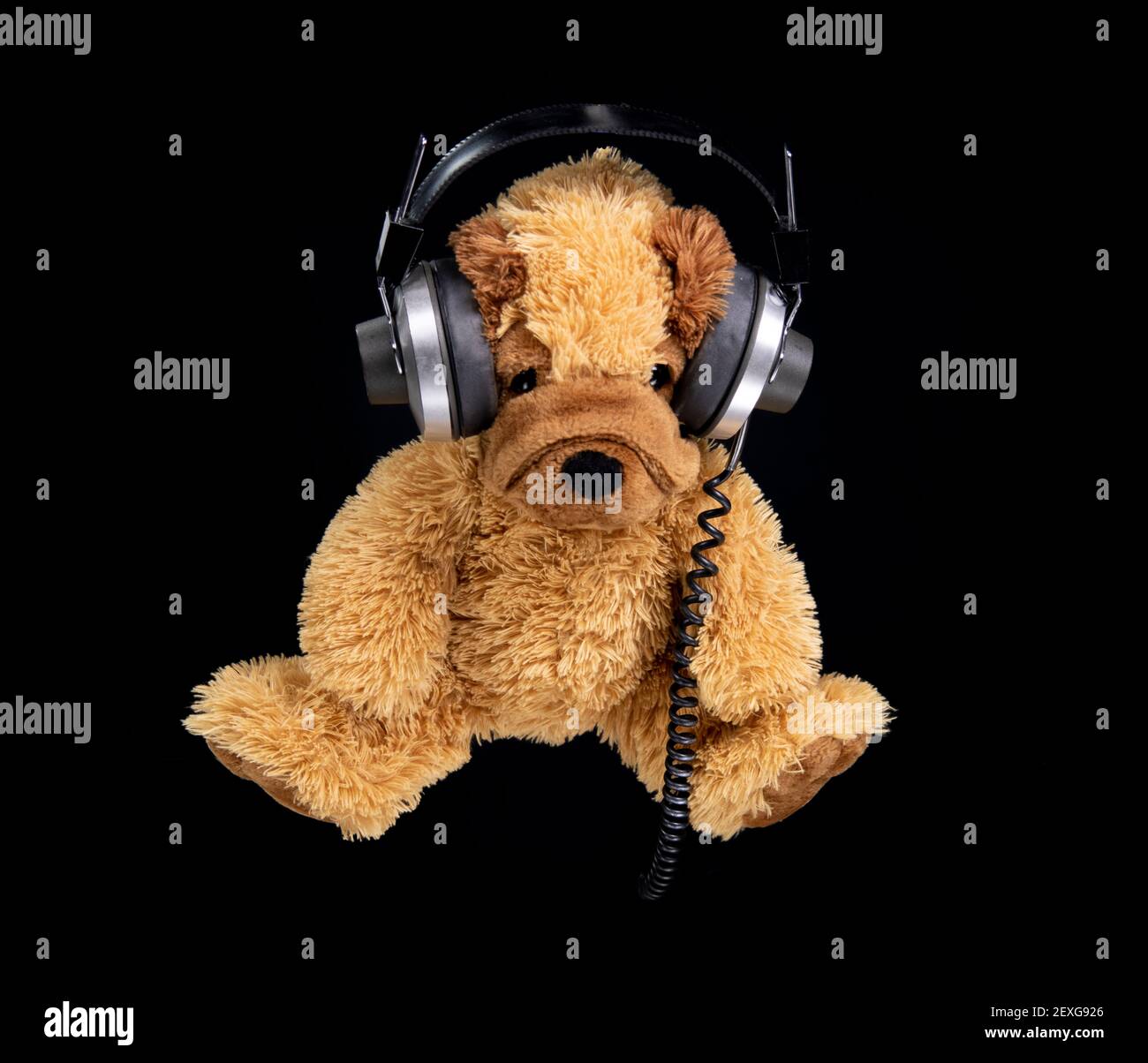 Un chien en peluche sautant avec un casque Banque D'Images