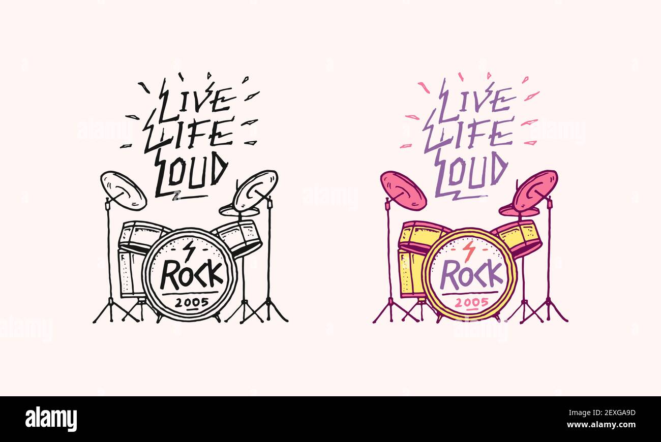 badge de jeu de tambours. Logo Rock and Roll Music. Modèle en métal lourd pour t-shirt design, soirée et festival. Dessin vintage gravé à la main. Illustration de Vecteur
