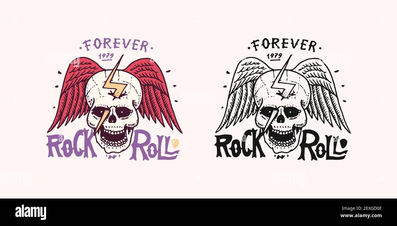 Crâne avec fermeture éclair et ailes Angel. Braincase op crânienne ou badge de la tête de la mort. Logo Rock and Roll Music. Modèle en métal lourd pour t-shirt design Illustration de Vecteur