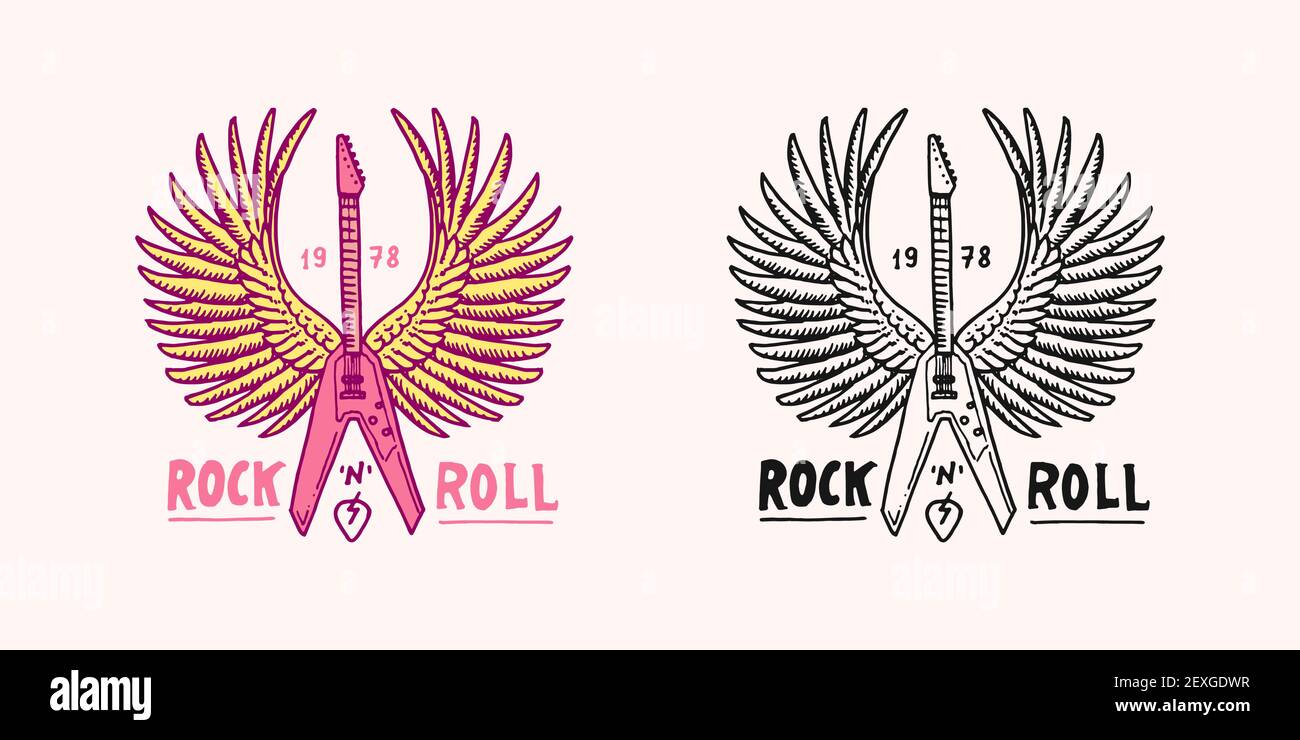 Guitare électrique avec ailes. Instrument Angel. Logo Rock and Roll Music. Modèle en métal lourd pour t-shirt design, soirée et festival. Dessiné à la main Illustration de Vecteur