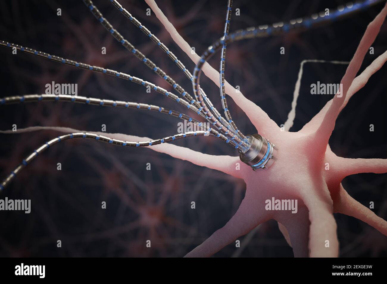 Concept de la nano technologie. Micro-axon artificiel robotique sur neurone dans le réseau neuronal. Illustration de rendu 3D. Banque D'Images