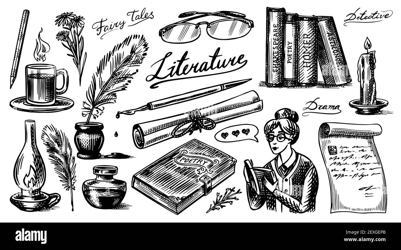 Documentation. Encre et stylo, machine à écrire, café et lampe, pile de livres et professeur, essai scolaire, travail écrit. Panneaux rétro vintage. Style Doodle Illustration de Vecteur