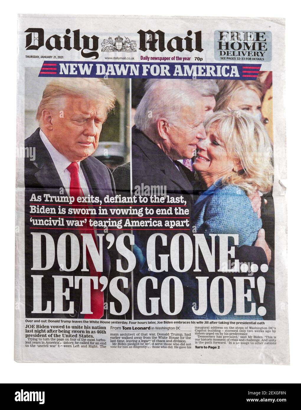 La première page du Daily Mail à propos de l'inauguration de Joe Biden le titre Don est parti, allons Joe Banque D'Images