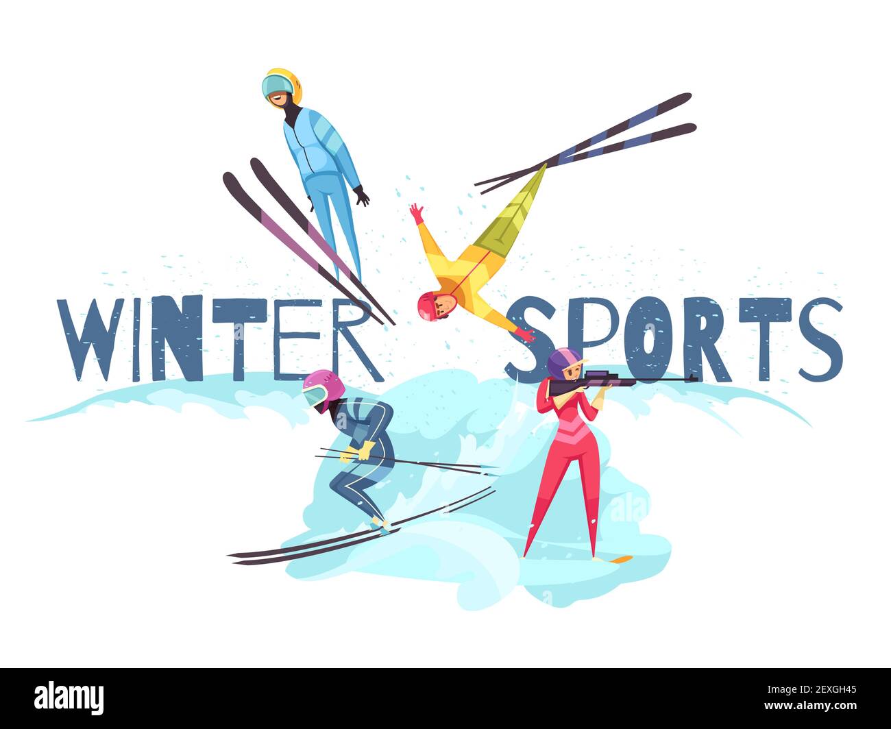 Concept des sports d'hiver avec symboles du saut en ski alpin et du biathlon illustration vectorielle isolée plate Illustration de Vecteur