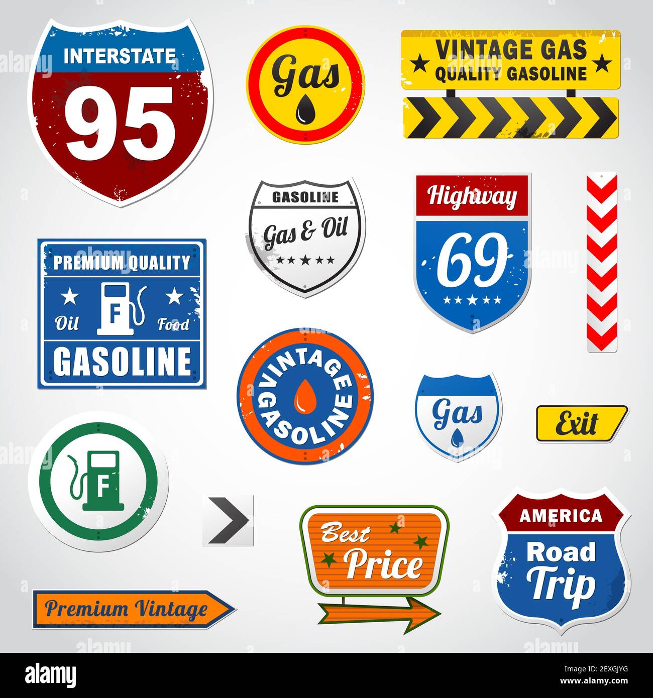Jeu d'étiquettes et d'affiches rétro sur l'essence d'époque Banque D'Images