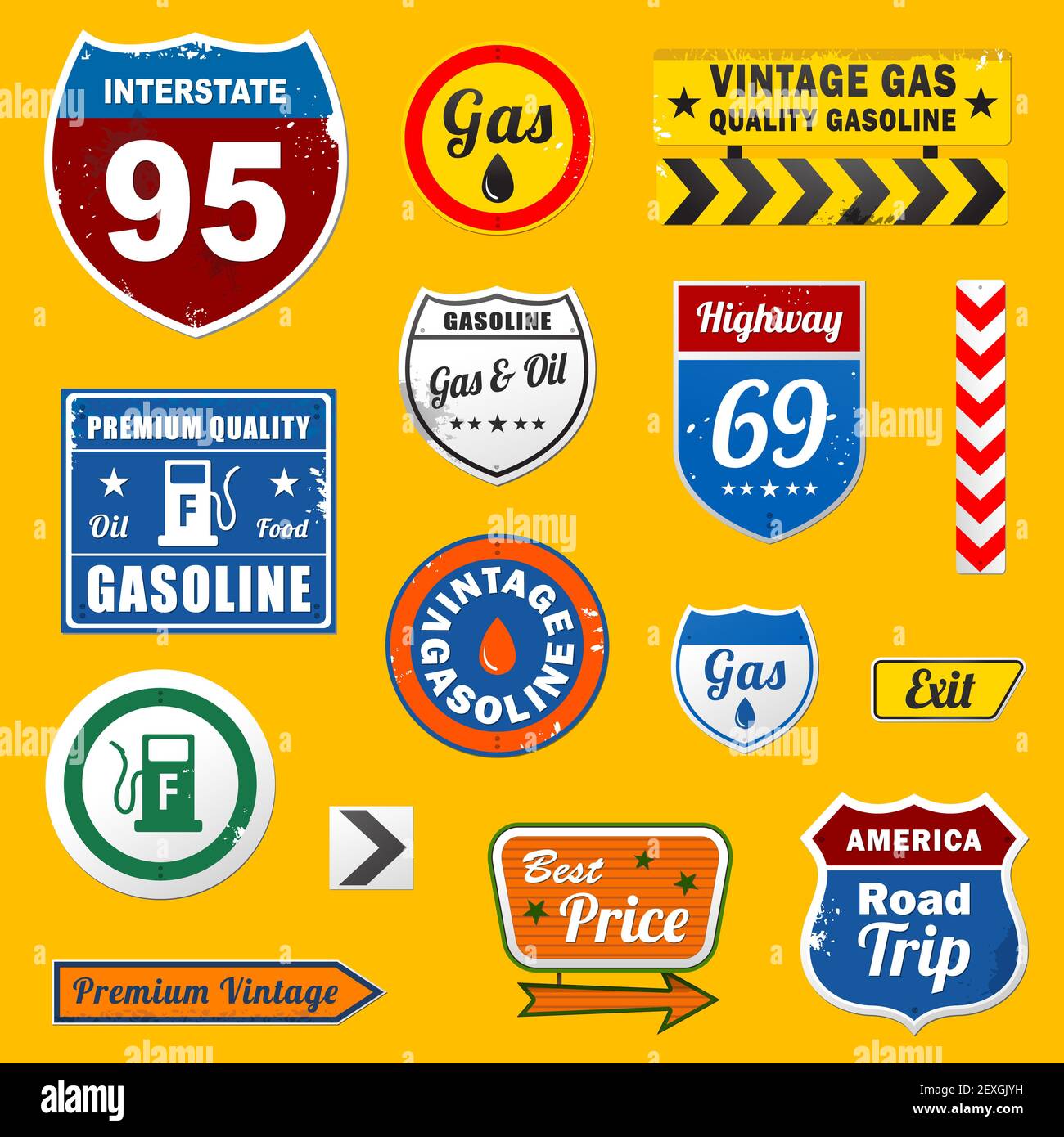 Ensemble d'essence rétro vintage affiches et étiquettes Banque D'Images