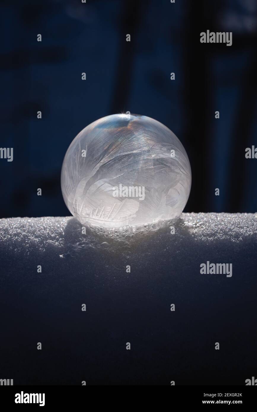 Gros plan de la bulle de savon surgelée sur la neige avec un arrière-plan sombre. Banque D'Images