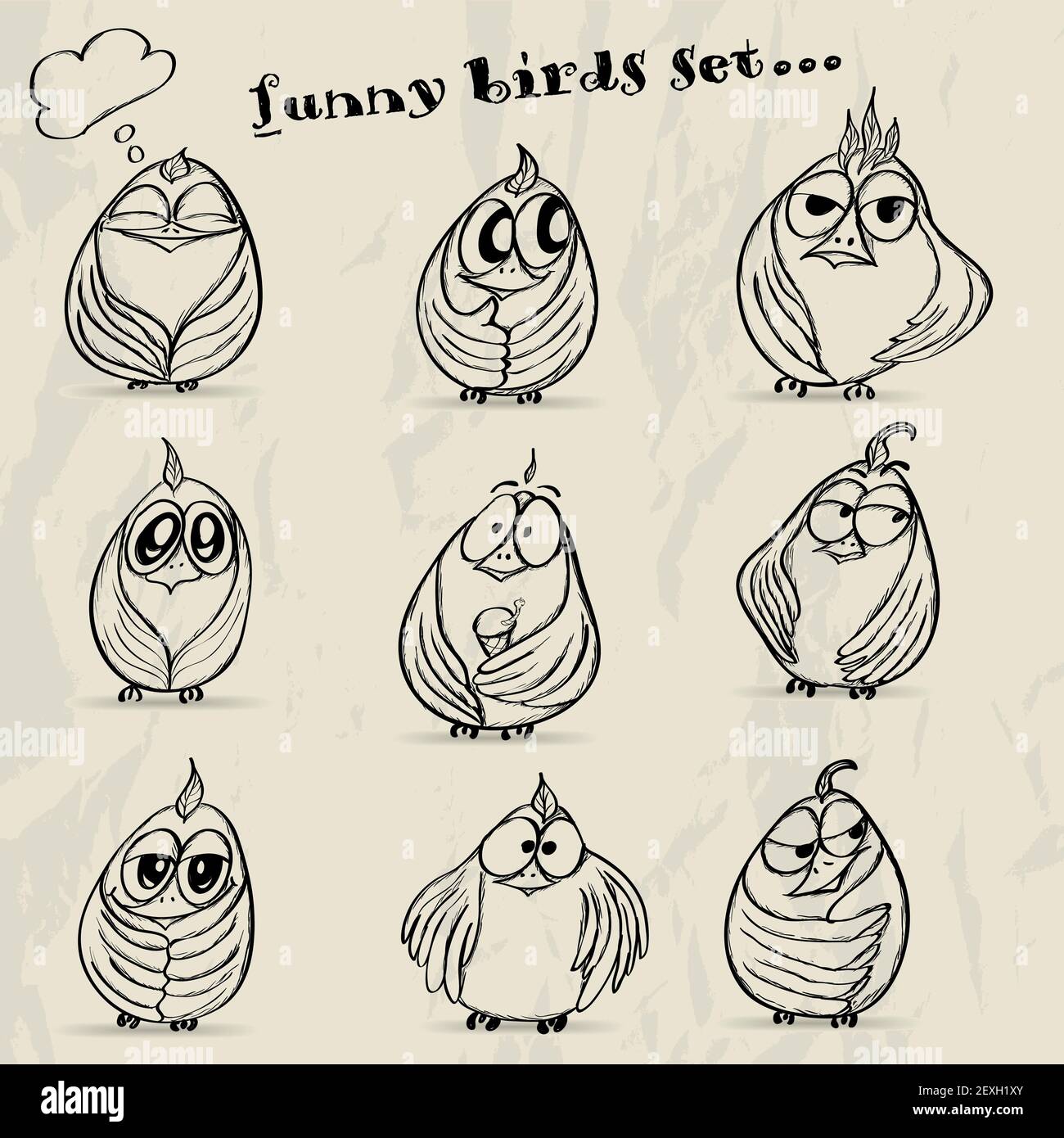 Lot de 9 oiseaux de dessin animé amusants. Banque D'Images