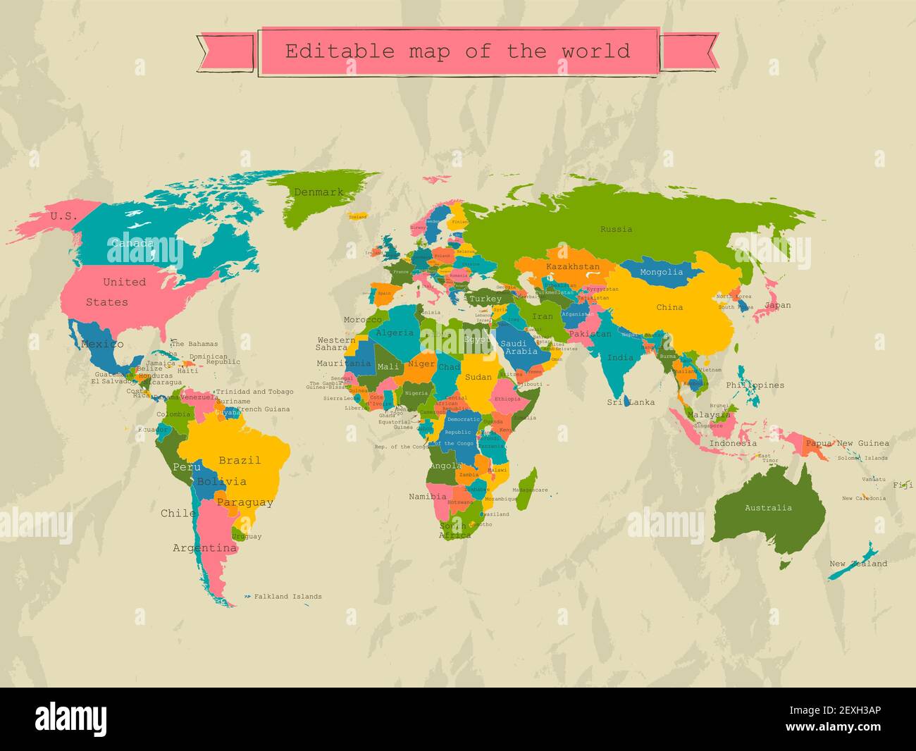 Carte du monde modifiable avec tous les pays. Banque D'Images