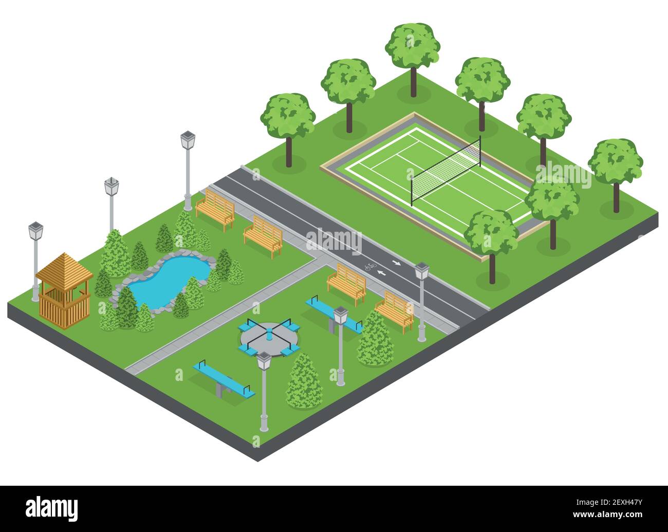 Composition du parc des banlieues avec étang des arbres et terrain de sport isométrique illustration vectorielle Illustration de Vecteur
