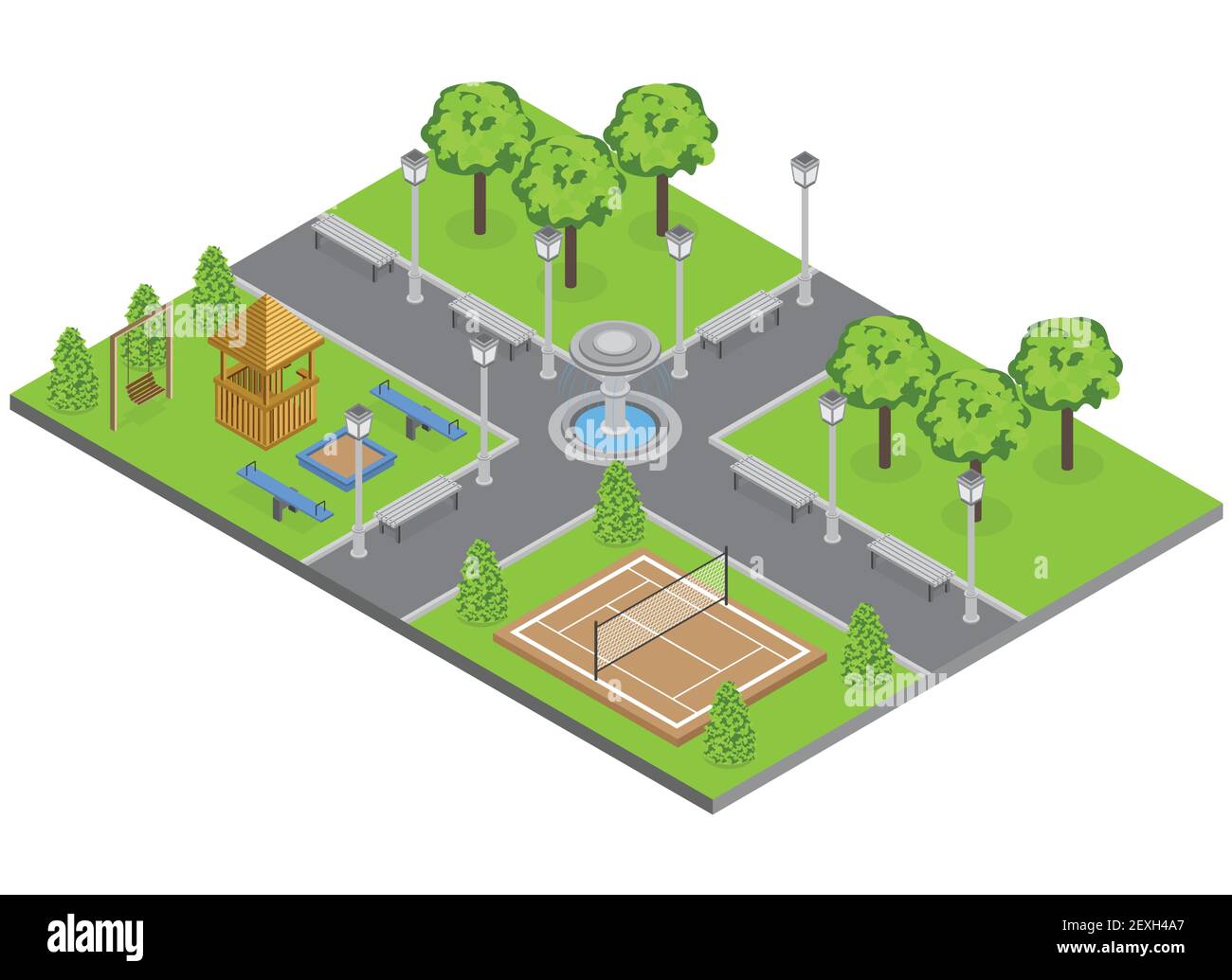 Parc de banlieue avec pelouse d'arbres et vecteur isométrique de terrain de sport illustration Illustration de Vecteur