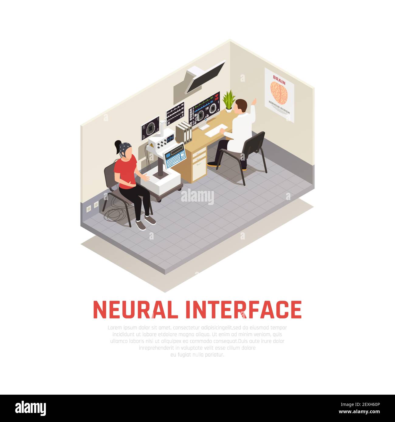 Neurologie et interface neuronale concept isométrique avec symboles de recherche cérébrale illustration vectorielle Illustration de Vecteur