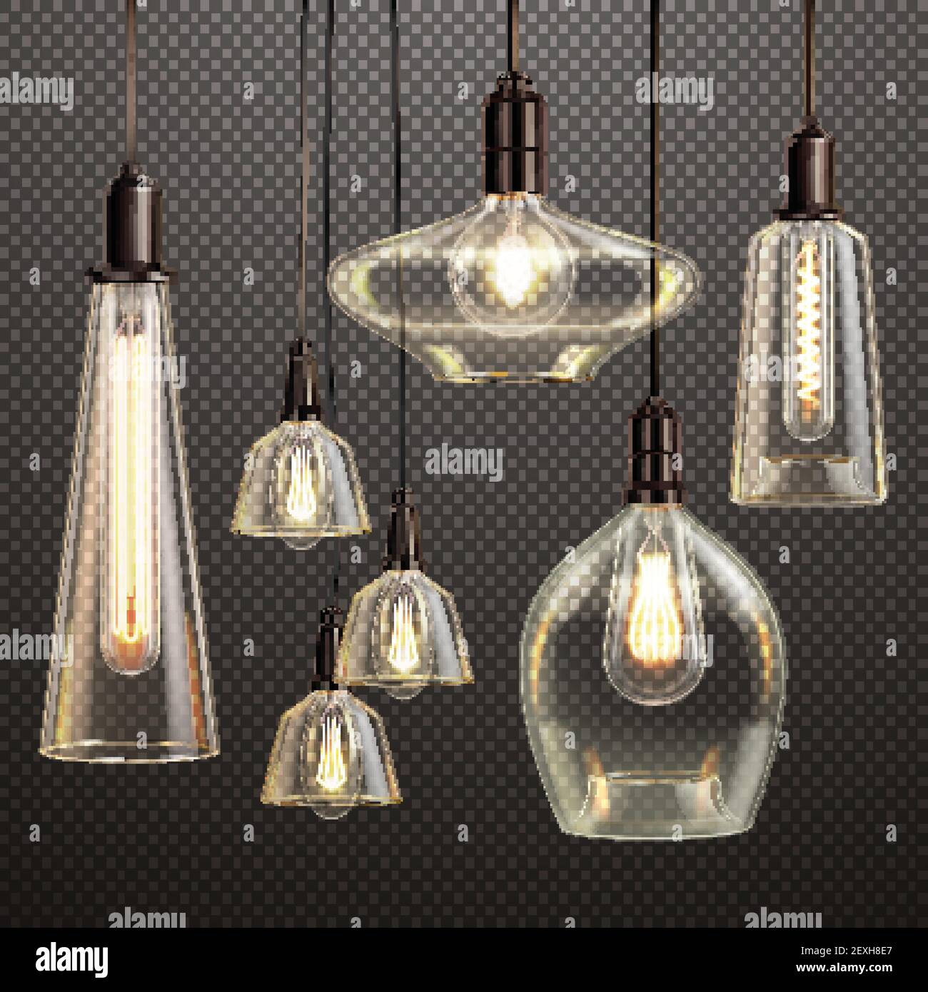 Lampes suspendues en verre transparent avec filament lumineux LED antique bulbes réaliste dégradé foncé transparent set vector illustration Illustration de Vecteur