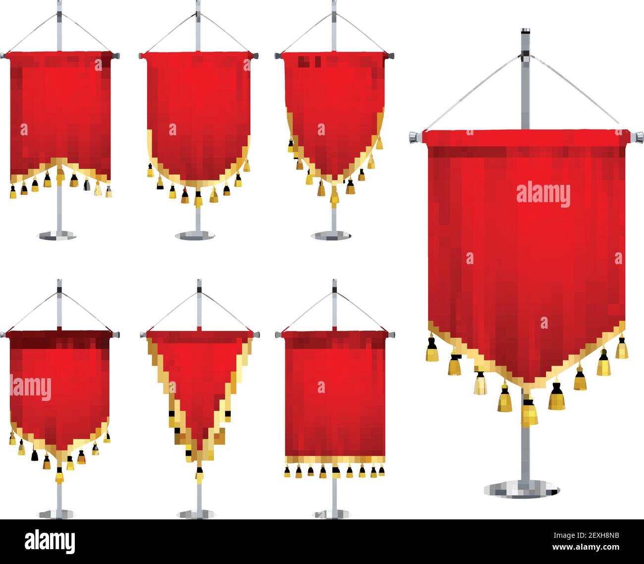 Fanions rouge satiné de formes diverses avec franges dorées à pampilles pied en acier, illustration vectorielle réaliste de l'ensemble Illustration de Vecteur