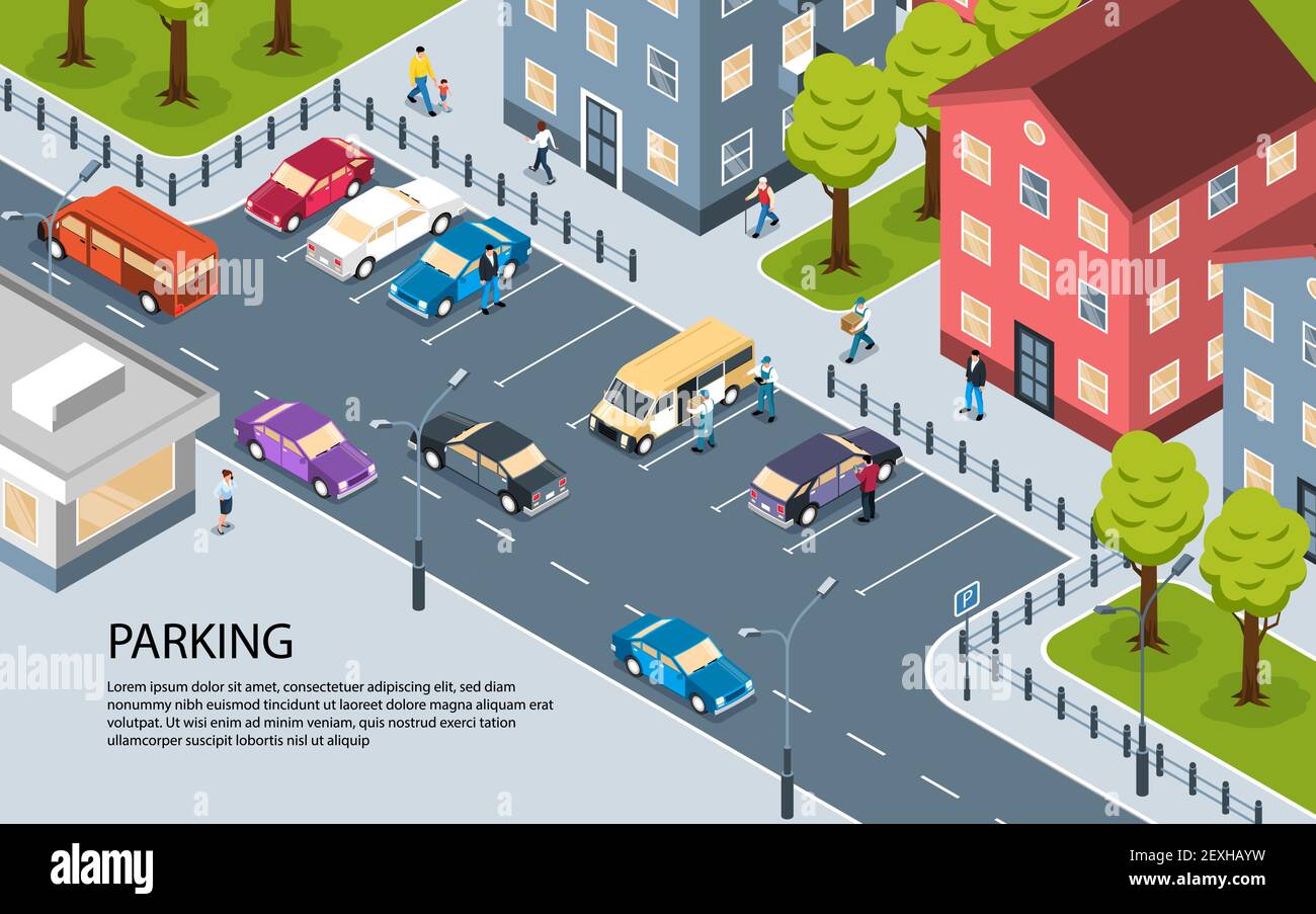 Ville moderne quartier résidentiel quartier des appartements parking isométrique affichez l'affiche avec une illustration vectorielle de texte informatif Illustration de Vecteur