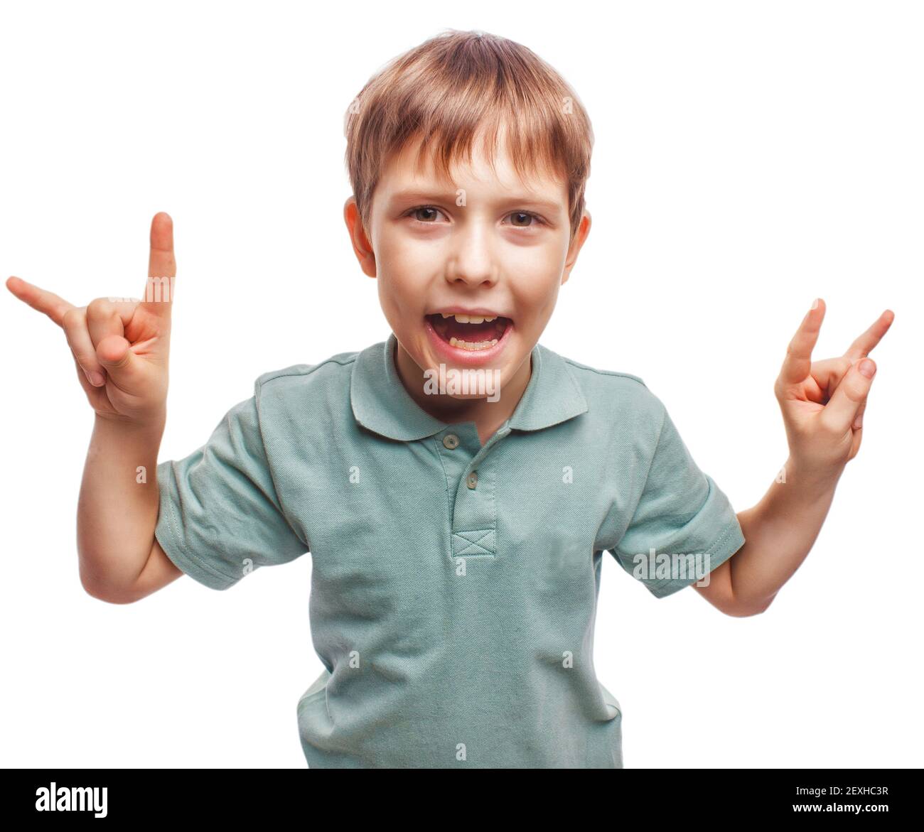 Garçon adolescent montre enfant geste mains métal diable isolé o Banque D'Images