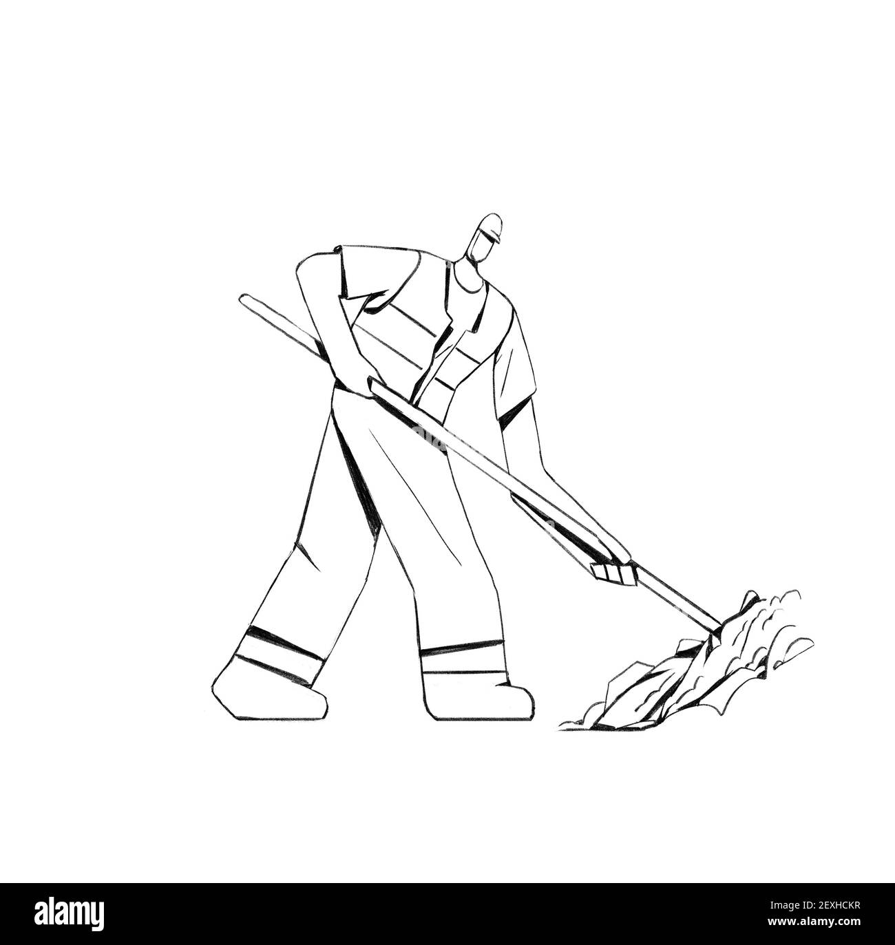 Sketch Builder avec pelle creuse le chantier de construction. Illustration clip art pour l'industrie du bâtiment. Conception isolée sur blanc. Banque D'Images