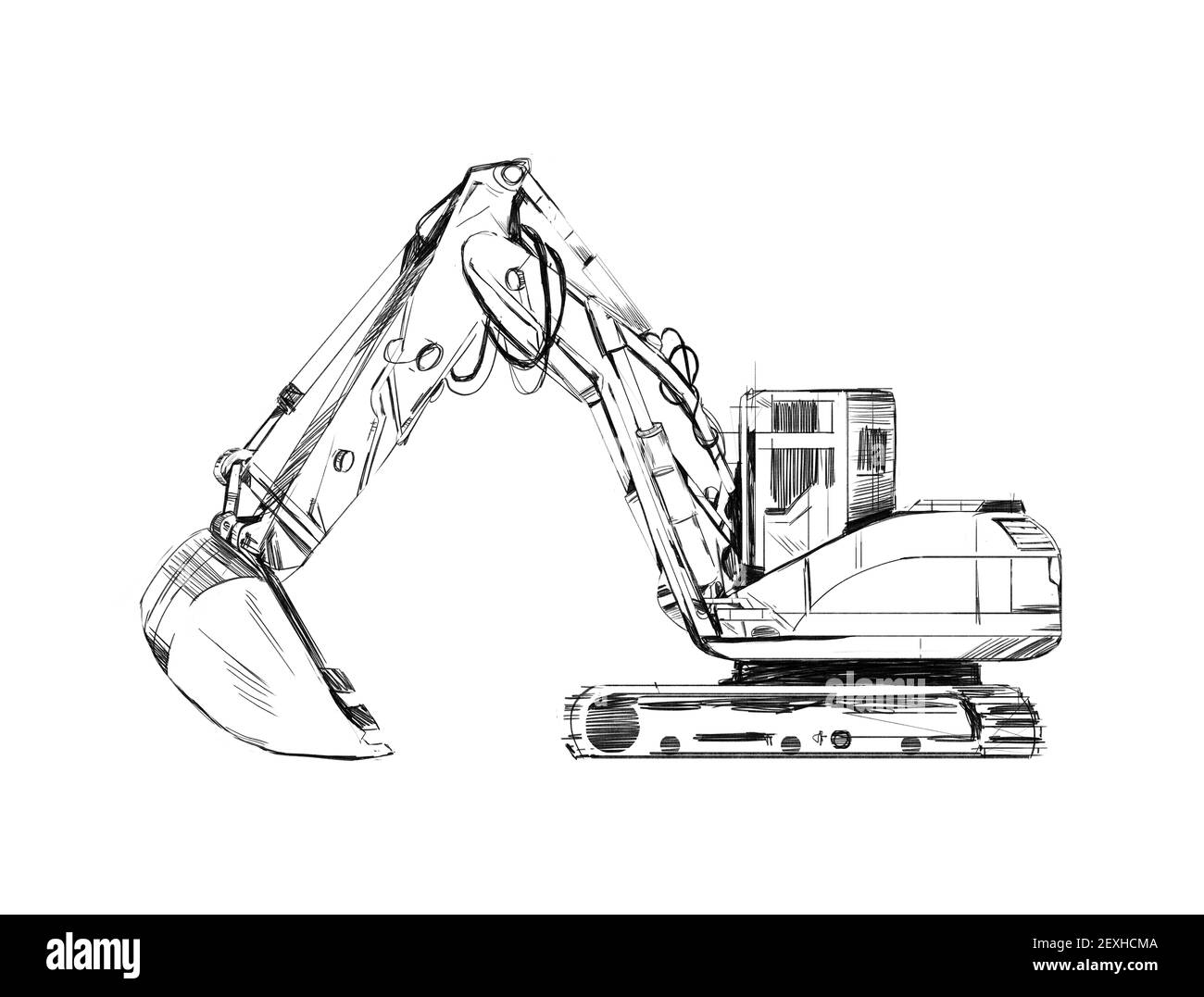 Illustration du schéma du véhicule de pelleteuse pour l'industrie du bâtiment. Clip art isolé sur blanc. Entrepreneurs et ingénieurs professionnels Banque D'Images