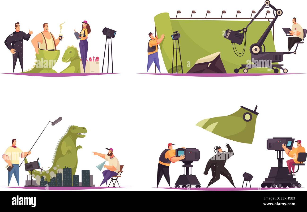 Cinéma film de production concept 4 bandes dessinées à plat avec acteur de tournage dans une illustration vectorielle de costume de dinosaure Illustration de Vecteur