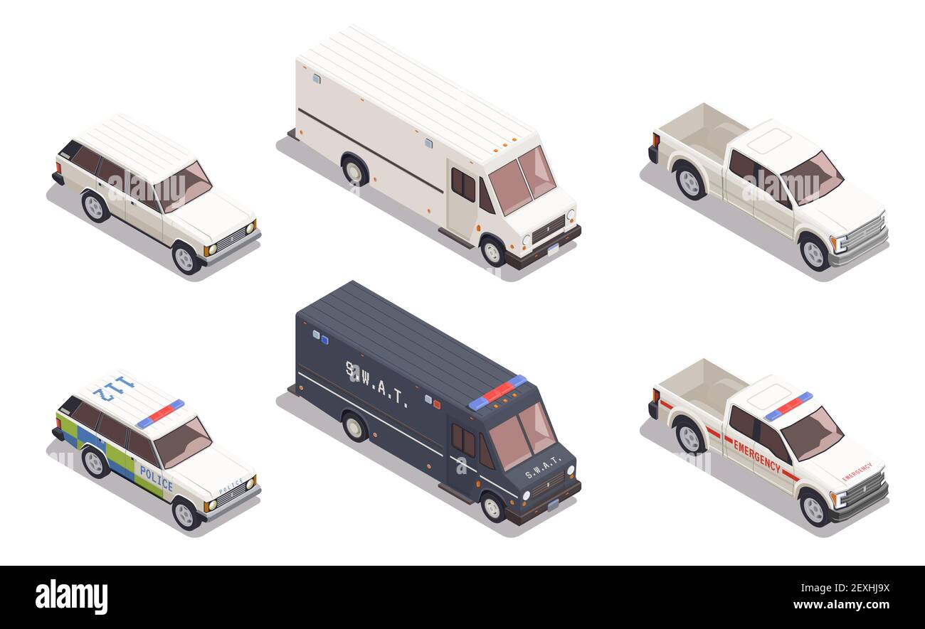 Composition isométrique avec voitures de police d'urgence et autres moyens de transport isolés sur fond blanc, illustration vectorielle 3d Illustration de Vecteur