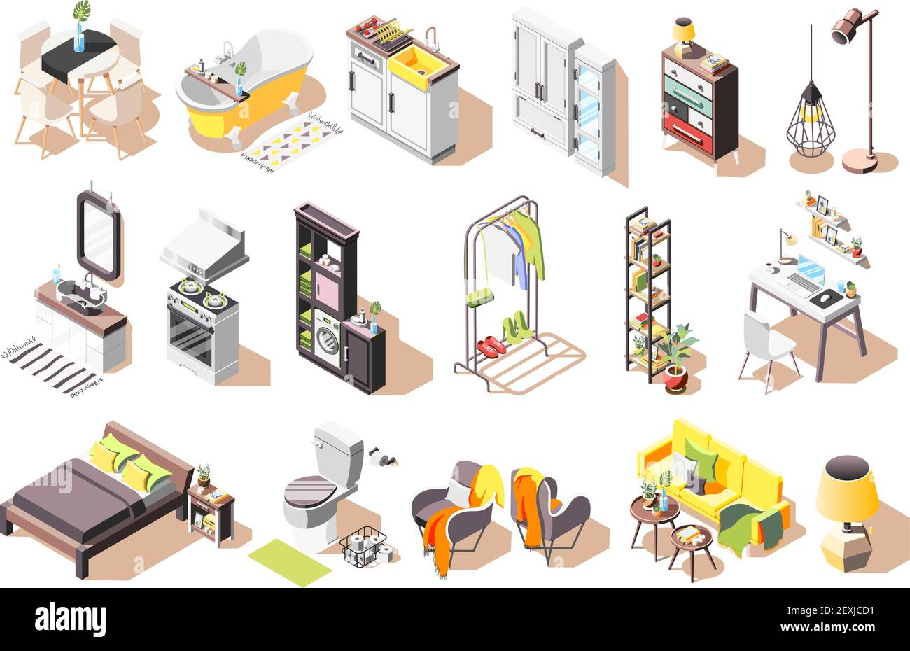 Collection d'icônes intérieures loft d'images isolées de style moderne mobilier pour salon et salle de bain illustration vectorielle Illustration de Vecteur