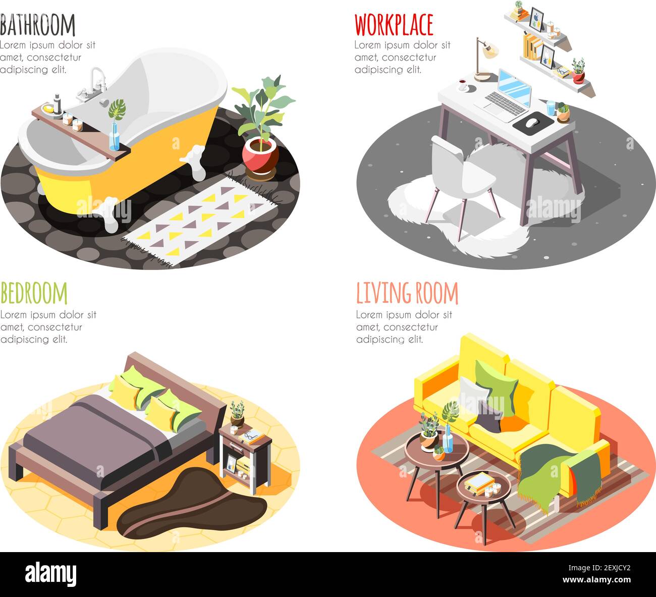 Loft intérieur isométrique 4x1 ensemble de compositions avec des images de spots domestiques avec mobilier et illustration vectorielle de texte Illustration de Vecteur