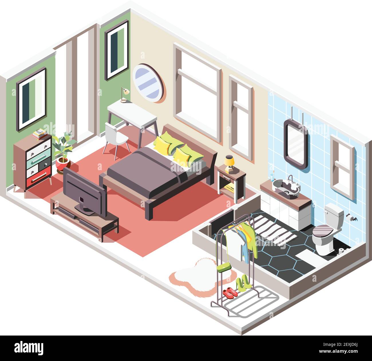Décoration intérieure loft isométrique avec vue sur la salle de séjour et salle de bains avec mobilier et fenêtres illustration vectorielle Illustration de Vecteur