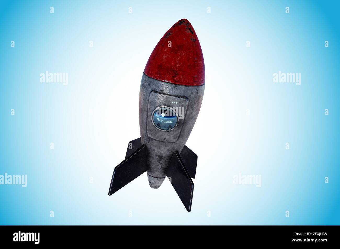 Fusée sur fond bleu , icône. Illustration 3D , concept Star up , SUCCÈS Banque D'Images