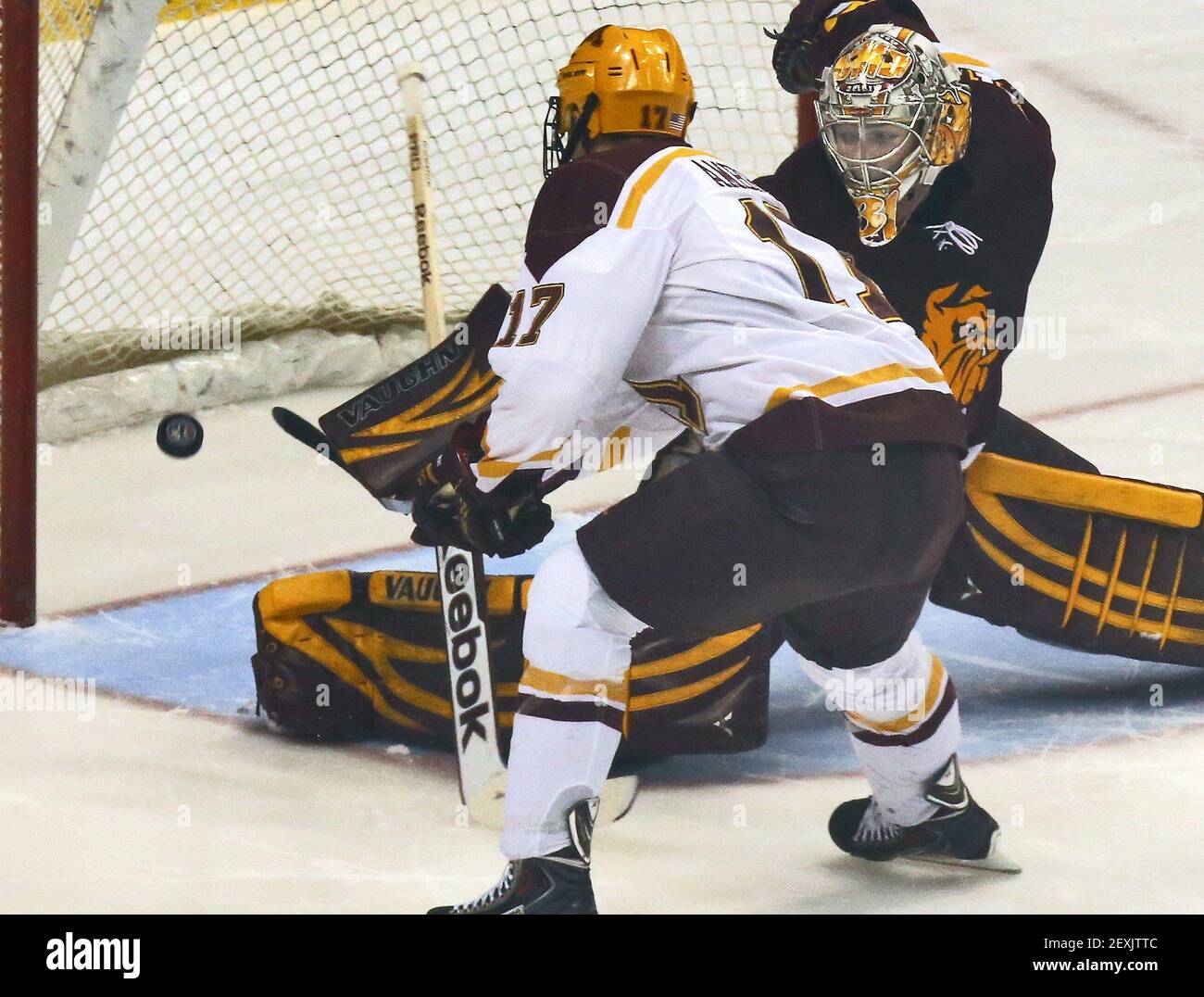 Seth Ambroz, du Minnesota, remporte le deuxième but de la fusillade, battant le gardien de but du Minnesota-Duluth Aaron Crandall à St. Paul, Minnesota, le samedi 25 janvier 2014. (Photo de Marlin Levison/Minneapolis Star Tribune/MCT/Sipa USA) Banque D'Images