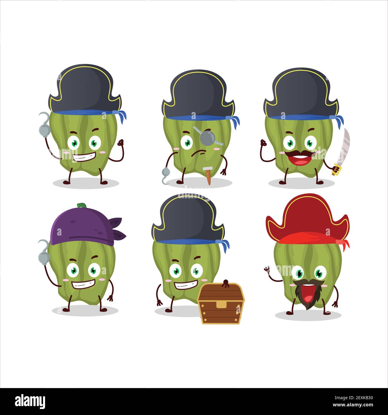 Personnage de dessin animé de nouveau vert hananero avec divers pirates émoticônes. Illustration vectorielle Illustration de Vecteur