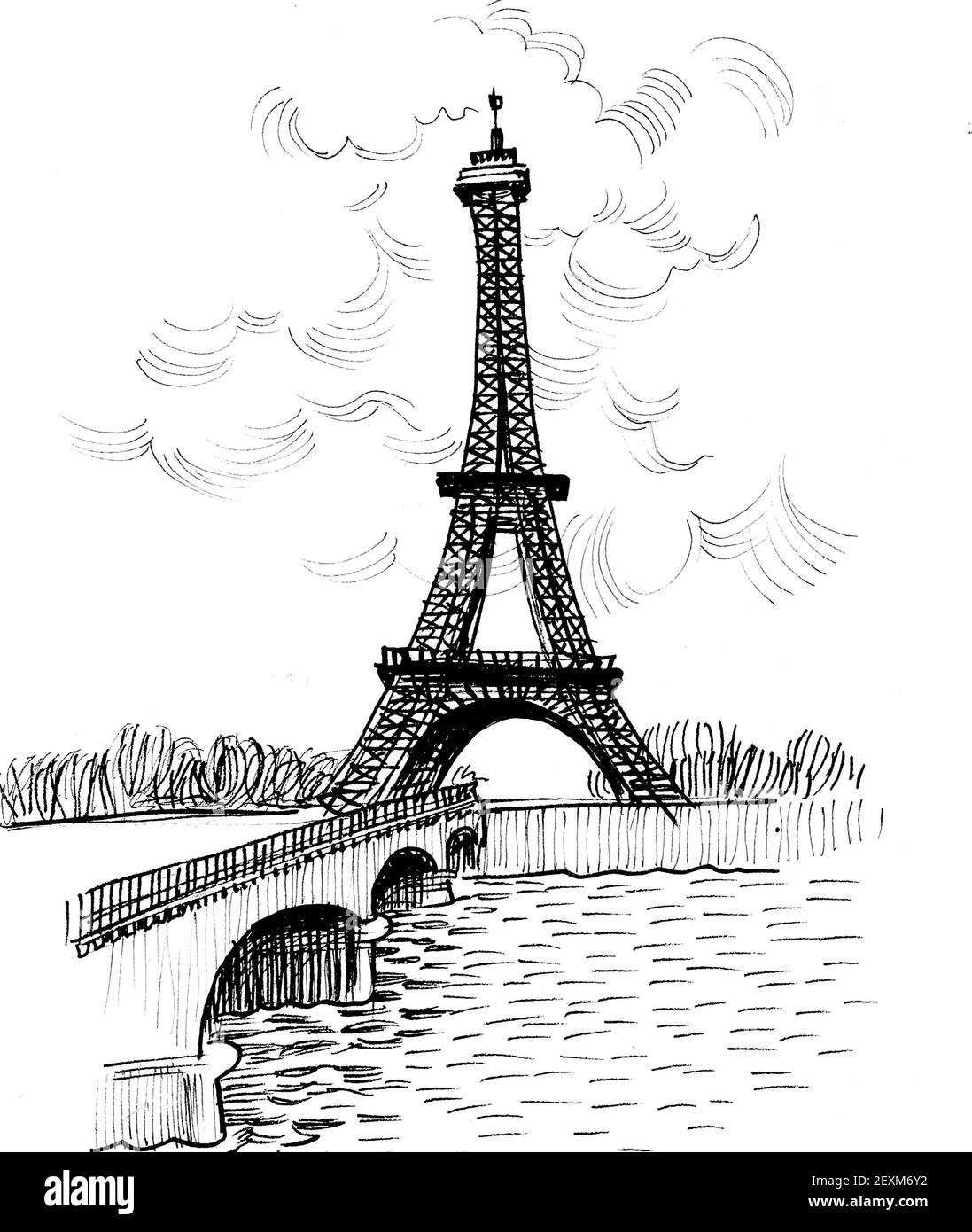 La tour Eiffel à Paris. Dessin noir et blanc Banque D'Images