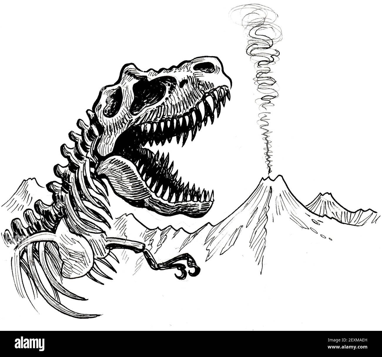 Squelette et volcan de tyrannosaurus éteints. Dessin noir et blanc Banque D'Images