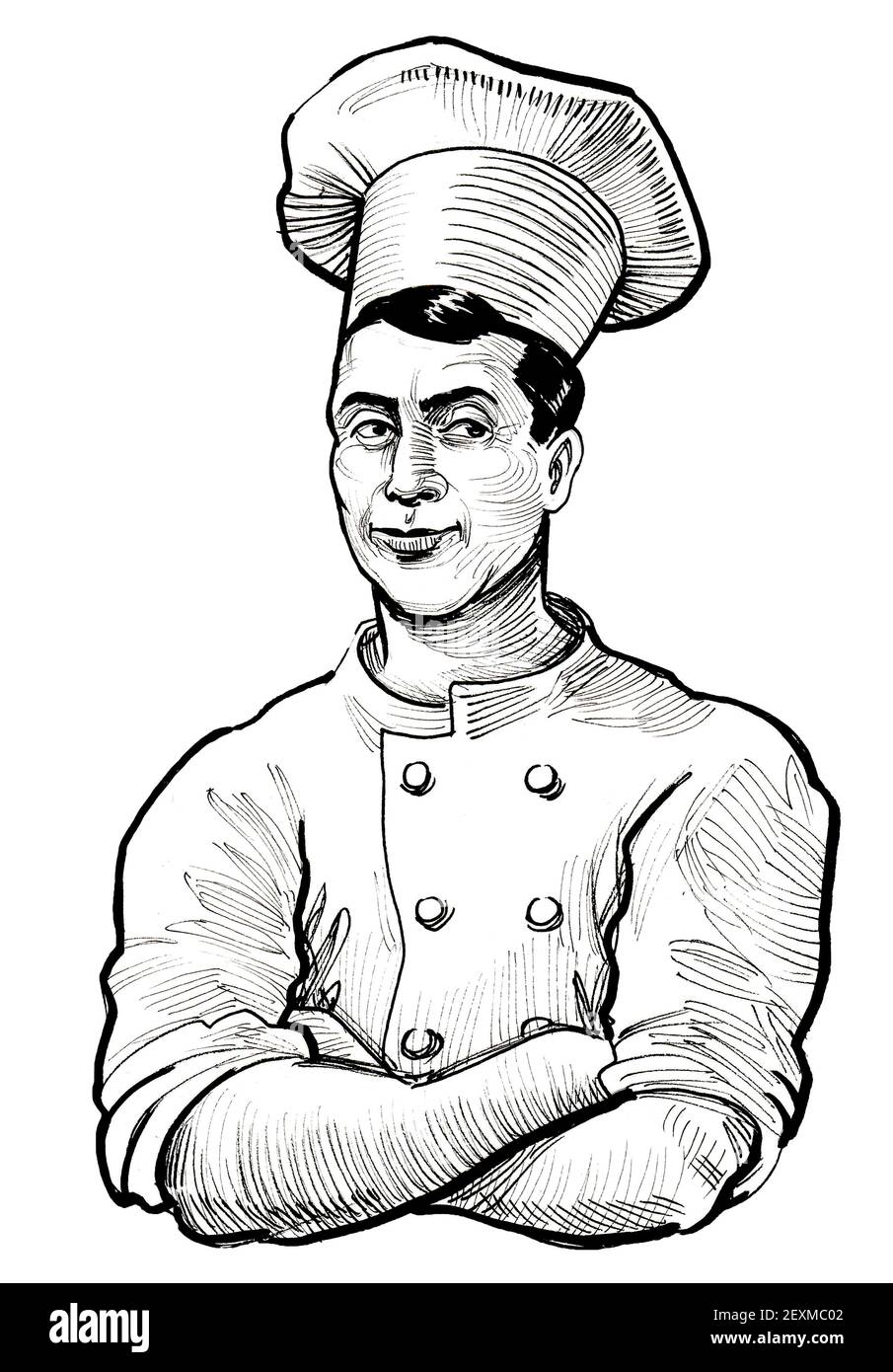 Caractère du chef de restaurant. Dessin noir et blanc Banque D'Images
