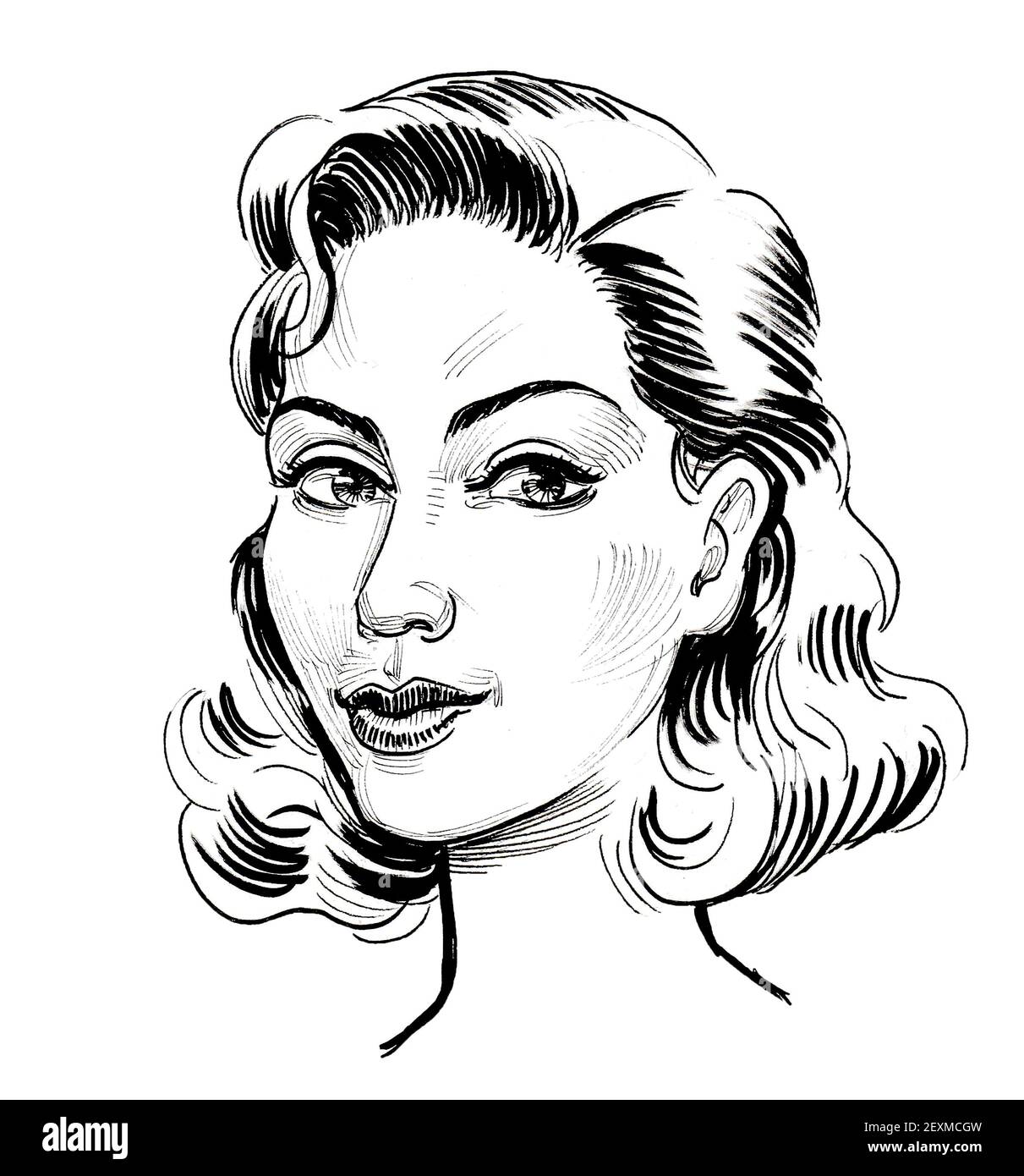 Jolie femme blonde. Dessin noir et blanc Photo Stock Alamy