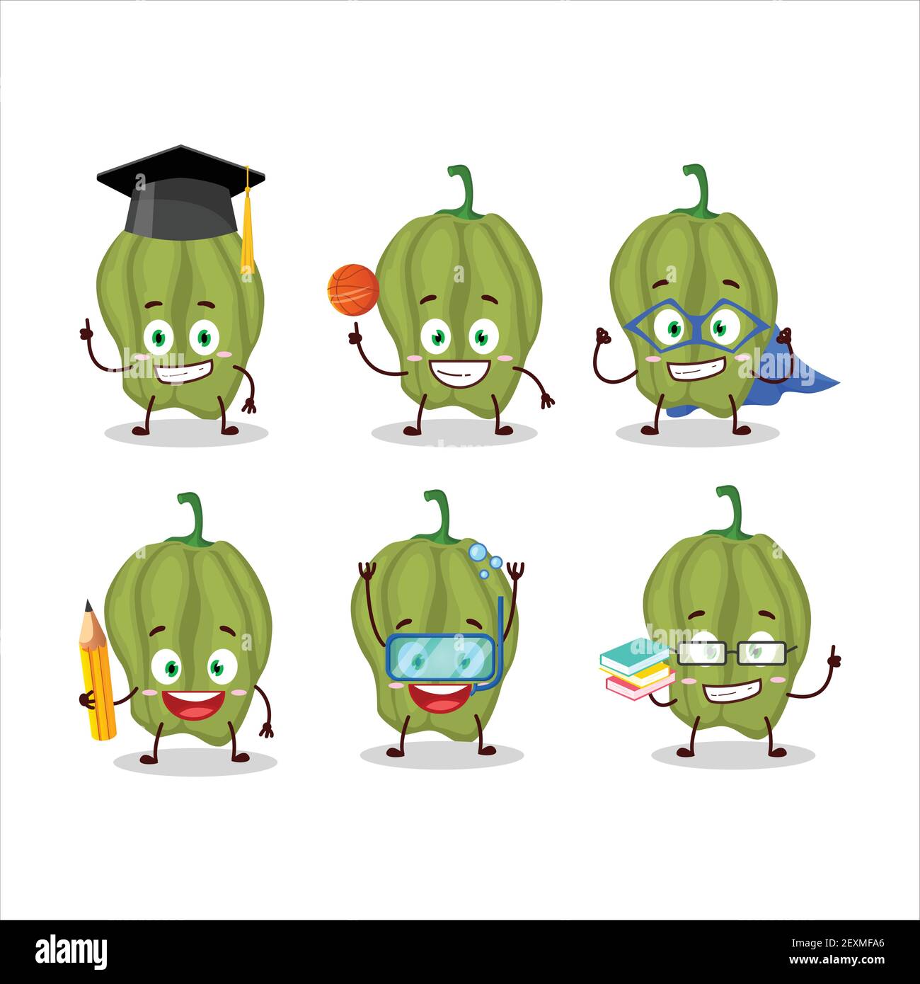 Élève d'école de nouveau vert hananero personnage de dessin animé avec diverses expressions. Illustration vectorielle Illustration de Vecteur