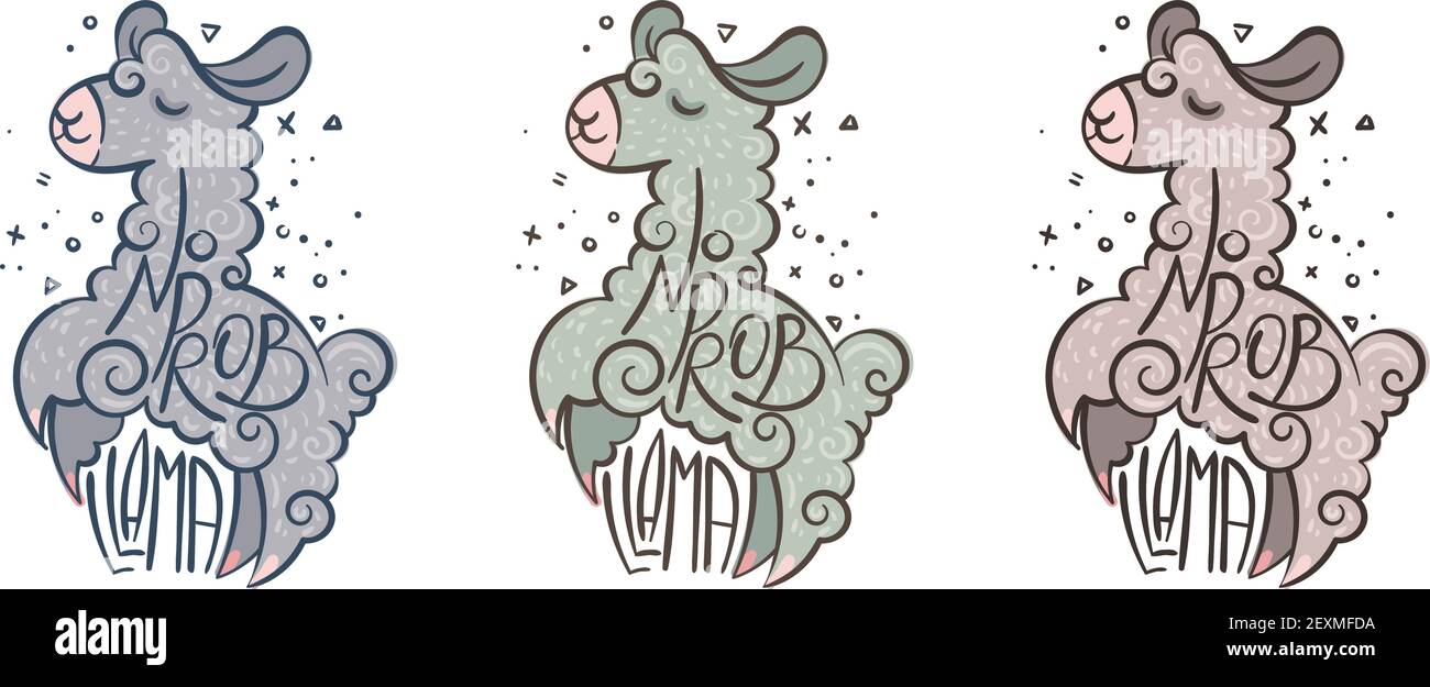 Pas de prob Llama. Ensemble de jolies lamas à motif curly avec lettres. Illustration pour colorier des pages, des tirages et des publications pour enfants Illustration de Vecteur
