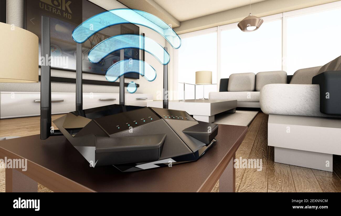 Routeur, modem ou répéteur sans fil haut débit dans une pièce moderne. Illustration 3D. Banque D'Images Routeur, modem ou répéteur sans fil haut débit dans une pièce moderne. Illustration 3D. Banque D'Images