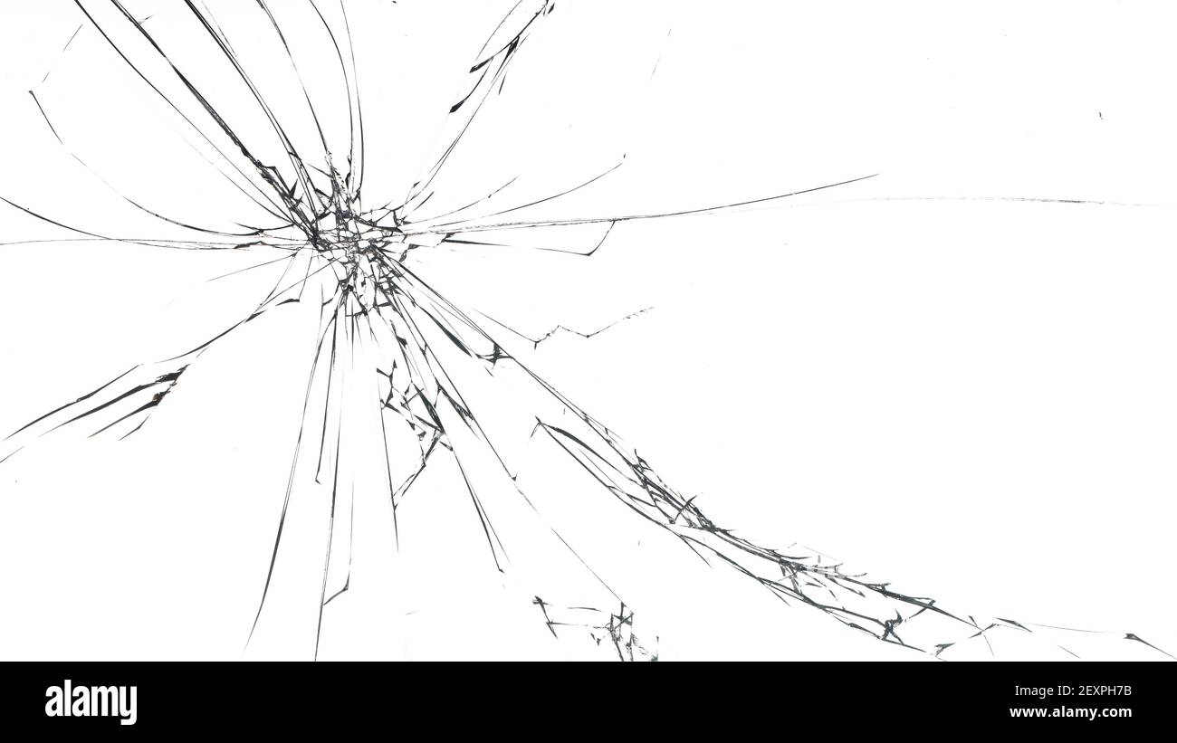 Fissures sur le verre sur fond blanc. Banque D'Images