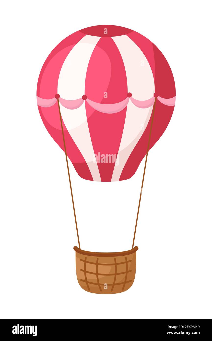 Ballon A Air Chaud A Rayures Rouges Avec Panier Marron Sur Fond Blanc Transport De Dessins Animes Pour Les Cartes D Enfants Douche De Bebe Invitation D Anniversaire Interieur De Maison Image Vectorielle Stock