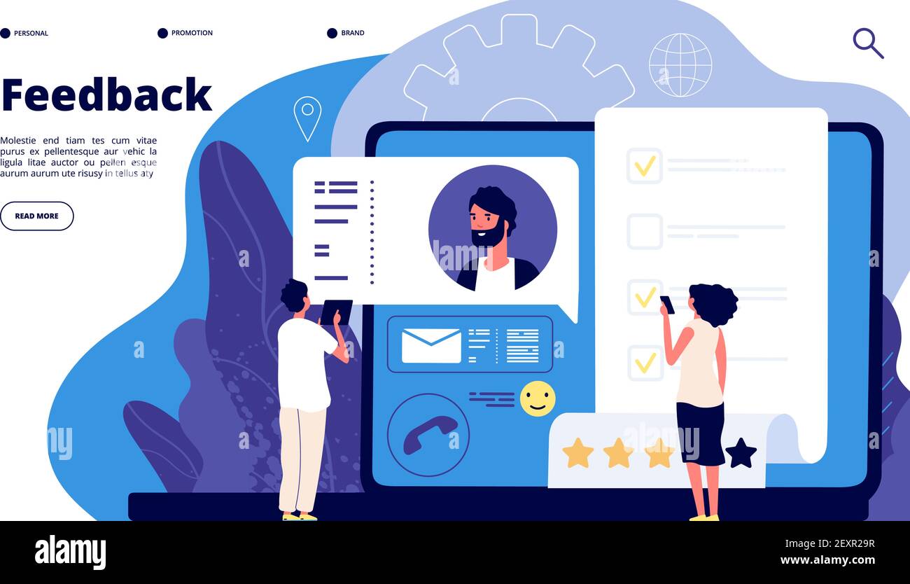 Concept de notation de feedback. Avis sur les produits des clients en ligne, enquête sur les appareils mobiles. Taux de satisfaction de la clientèle. Conception de la page d'arrivée vectorielle Illustration de Vecteur