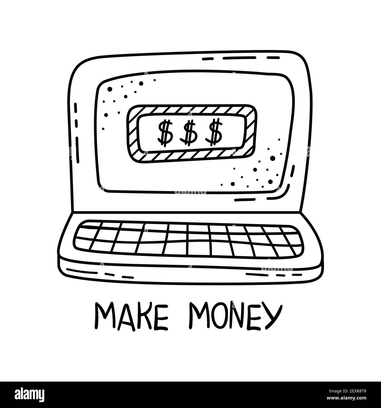 Doodle d'illustrations de faire de l'argent sur l'Internet. Un ordinateur portable pour le travail. Freelance. Illustration de Vecteur