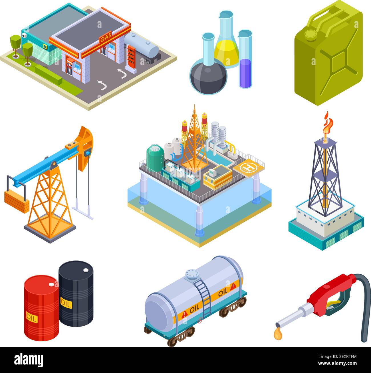 Industrie du gaz de pétrole isométrique. Stockage de carburant produits pétroliers essence peut production pipeline réservoir camion camion camion camion camion camion camion camion camion tanker icônes vectorielles 3D. Illustration de la production de pétrole et de gaz, industrie du pétrole Illustration de Vecteur
