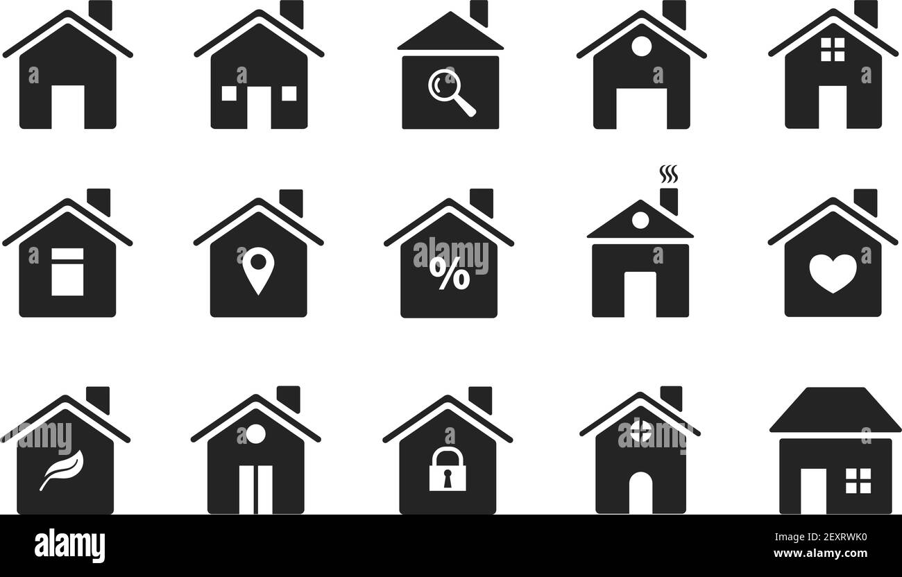 Icônes d'accueil. Formes de maisons plates noires. Contient des silhouettes symboles de la page d'accueil, des boutons web. Bâtiments de style simple. Panneaux vectoriels illustration de logement silhouette de biens divers Illustration de Vecteur