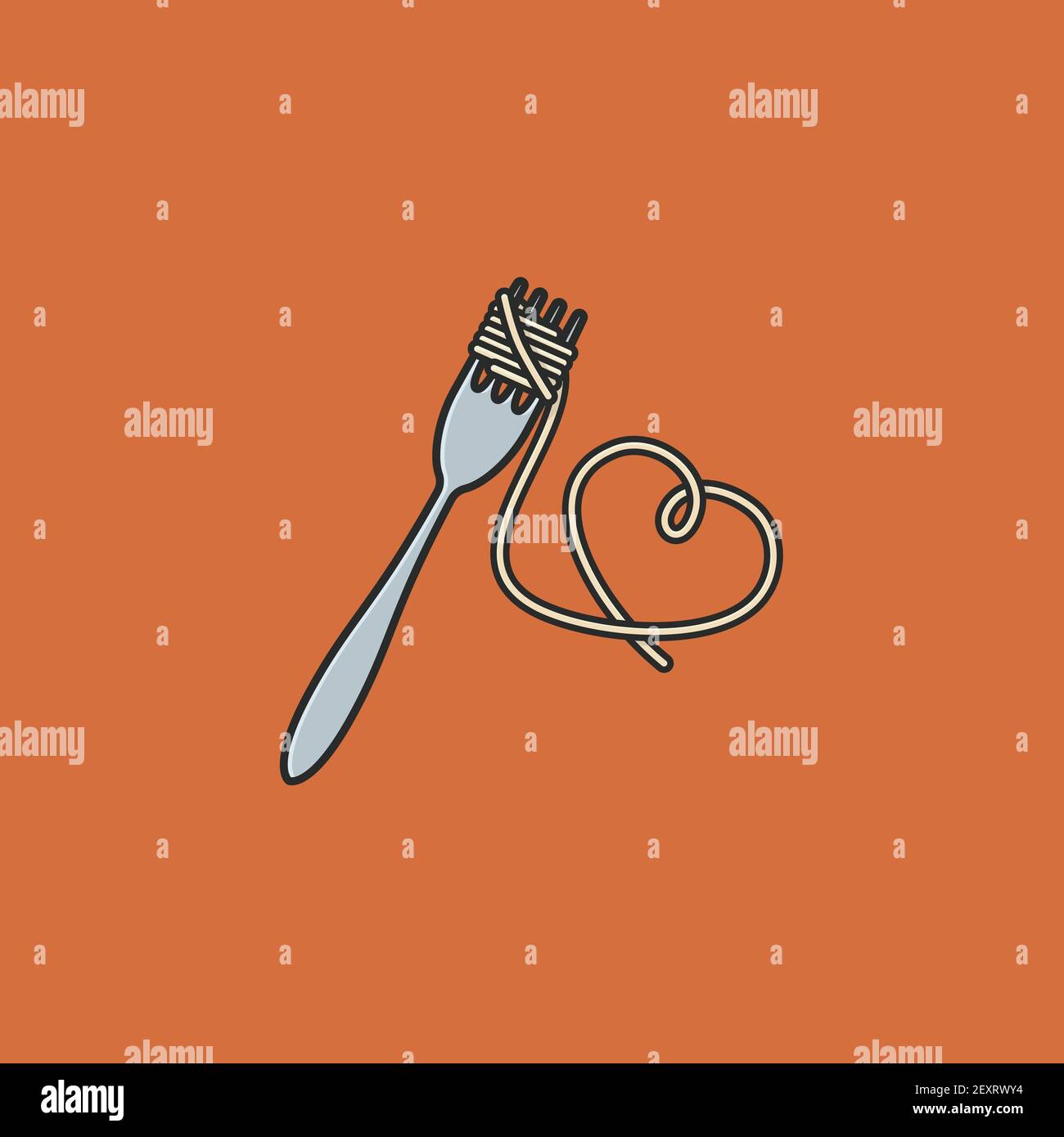 Pâtes spaghetti enveloppées autour de la fourchette et suspendues en forme de coeur Illustration vectorielle pour la Journée nationale des pâtes le 17 octobre Illustration de Vecteur