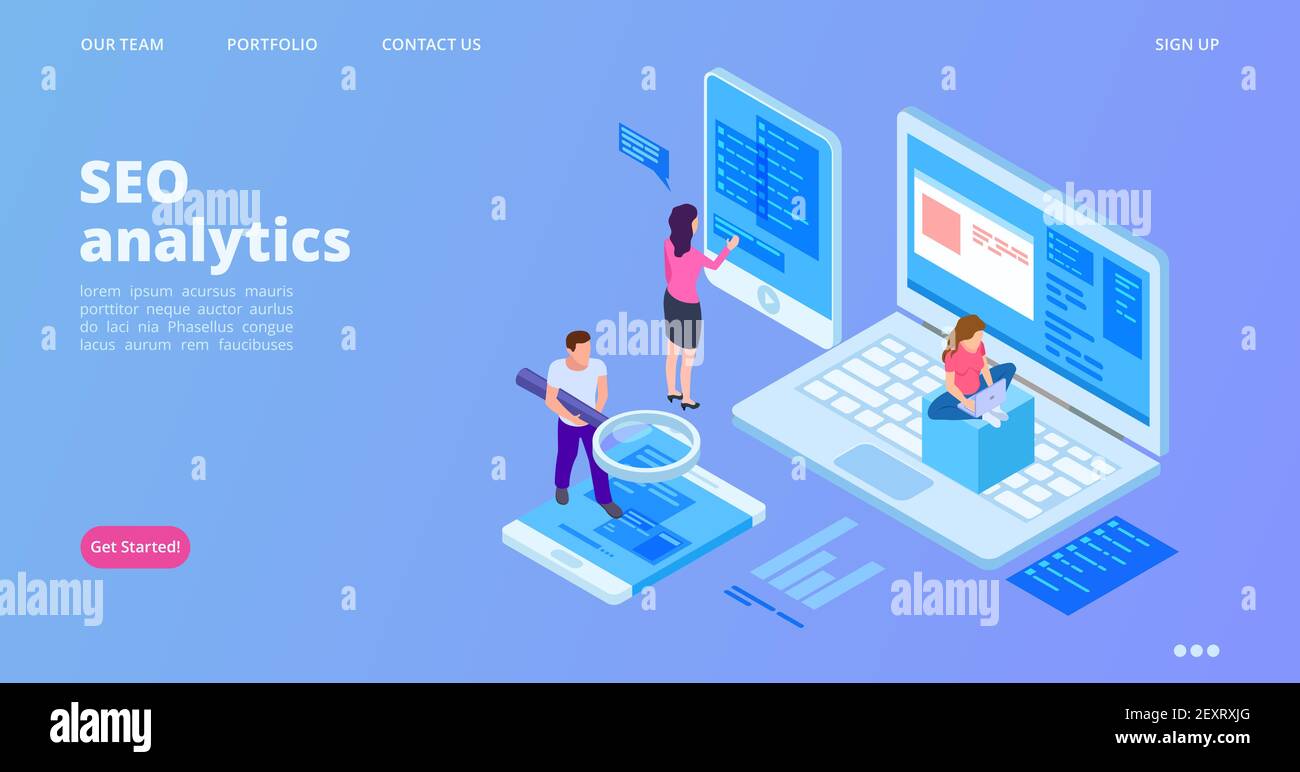 Page d'accueil analytique SEO. Concept de vecteur d'optimisation de SEO isométrique. Modèle de page Web de service d'analyste. Interface du site web de référencement des illustrations Illustration de Vecteur
