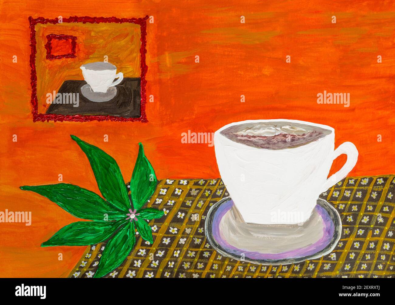 Peindre avec une tasse de café sur la feuille verte de la table à côté de la peinture Banque D'Images