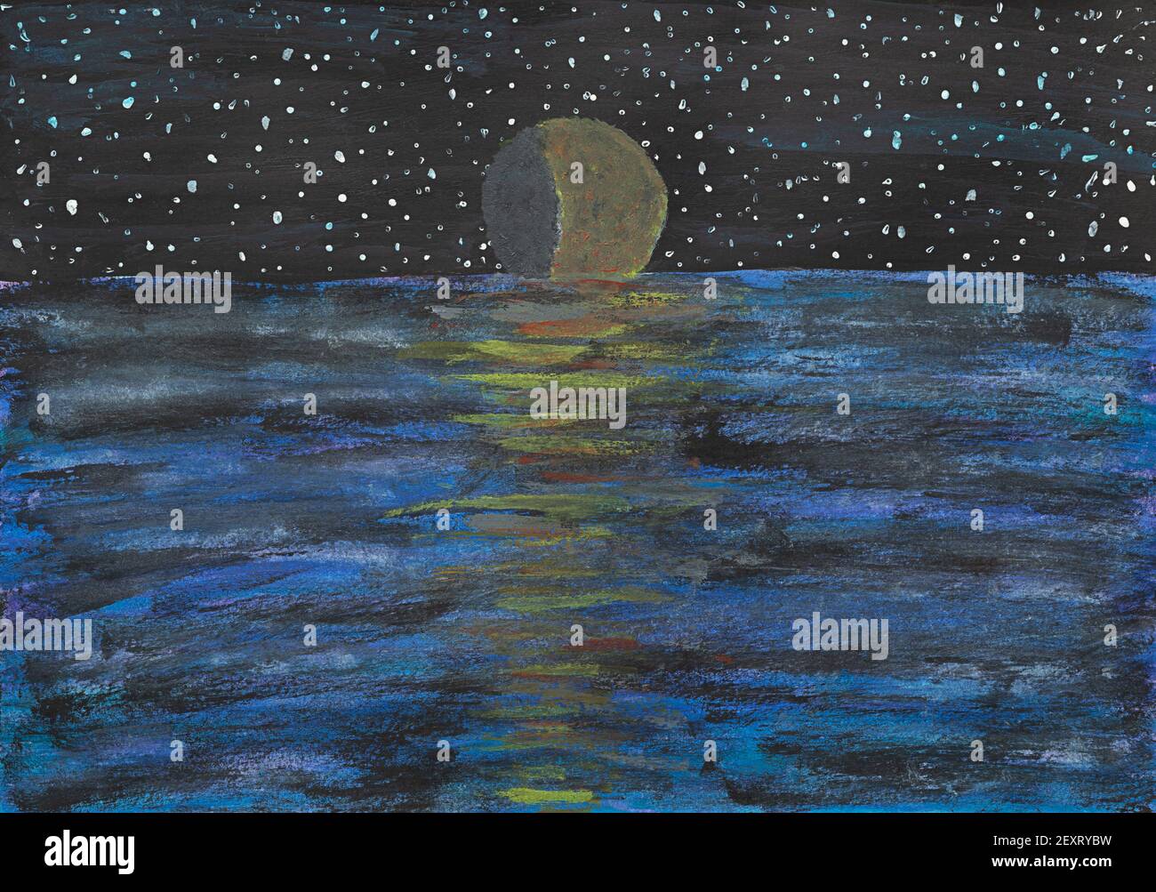 Peinture abstraite avec la lune au-dessus de l'eau la nuit Banque D'Images