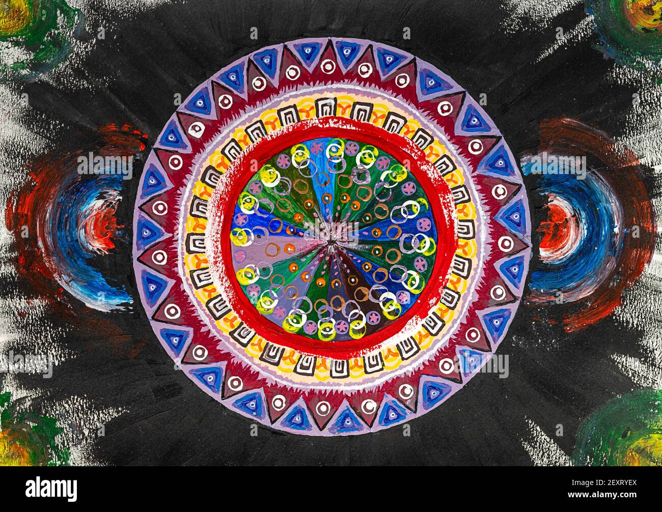 Peinture abstraite représentant un mandala de couleur sur fond noir Banque D'Images
