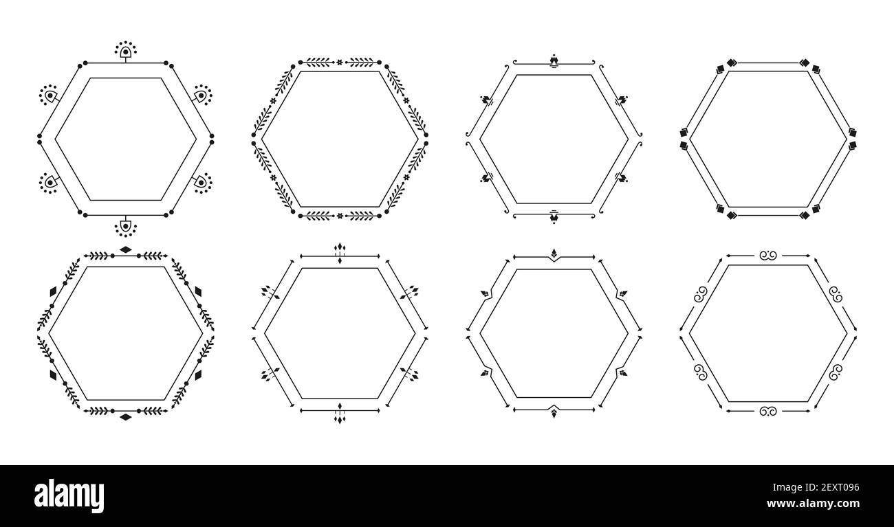 Ensemble de cadres noirs décoratifs en filigrane. Ornement élégant hexagonal vintage. Cadre de texte floral graphique pour la décoration carte d'invitation de mariage, menu, livre, étiquette, étiquette ou certificat Illustration vectorielle isolée Illustration de Vecteur